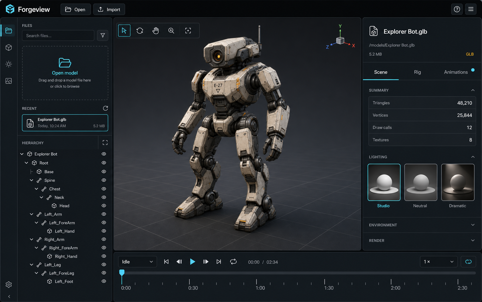 Forgeview desktop viewer showing a robot model, scene statistics, rig hierarchy, and animation timeline.