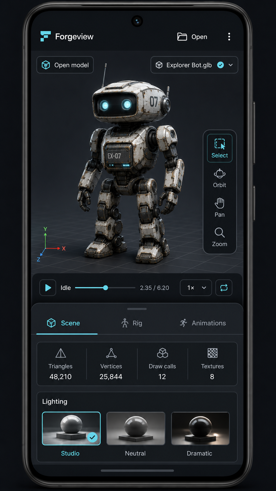 Forgeview Android viewer showing touch controls, animation playback, and inspector tabs.